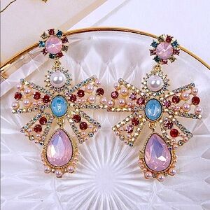 Vintage Crystal Bow Knot Pearl Drop Earrings